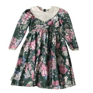 Peaches ‘n Cream Green & Pink White Floral Big Collar Cottage Core Dress Girl 10